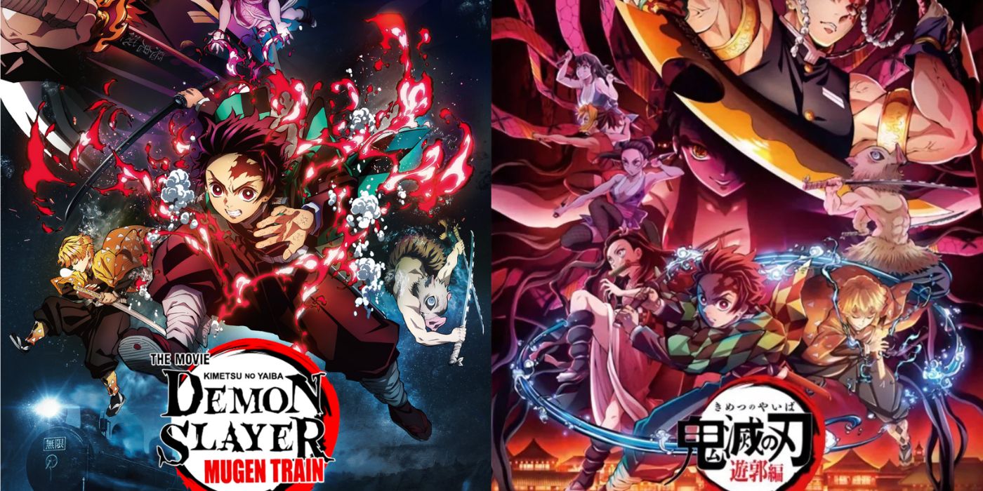 Split image of Demon Slayer: Mugen Train and Entertainment District arc key art.