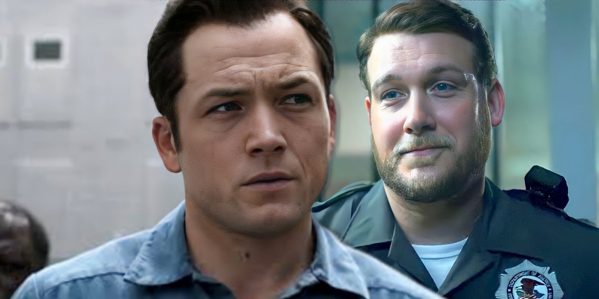 Taron Egerton as Jimmy and Joe Williamson as CO Carter in Black Bird