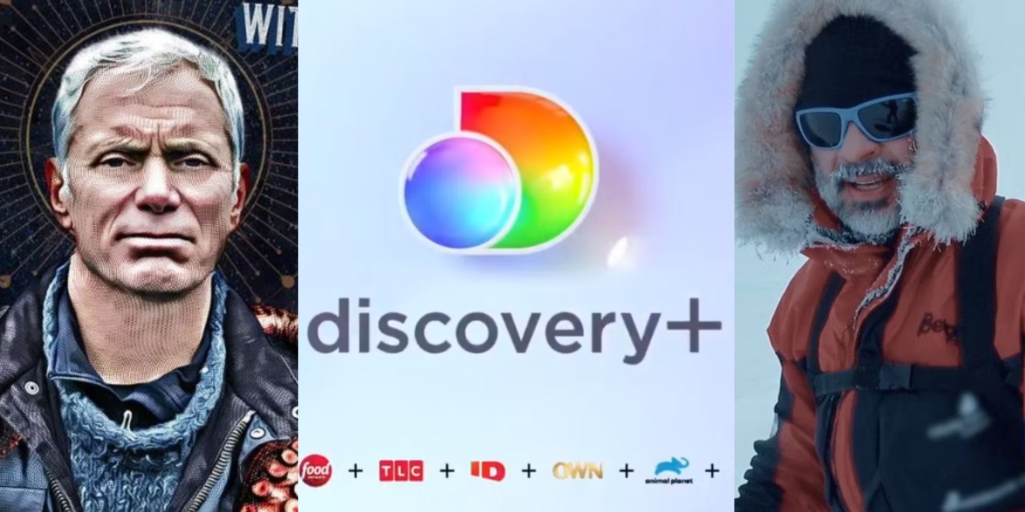 A split image of the Discovery+ logo and stills from two travel shows.