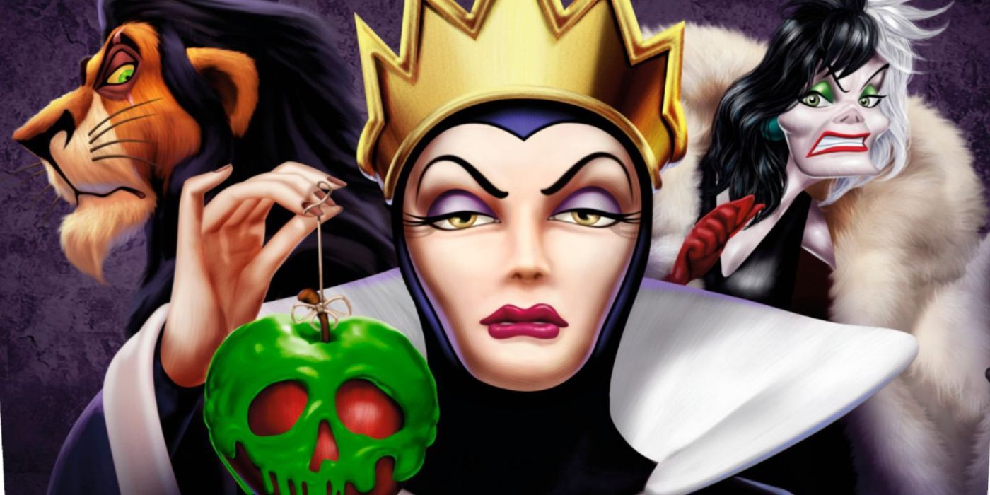 Scar, la Reina Malvada y Cruella de Vil en la portada de Disney's Villain Monopoly.