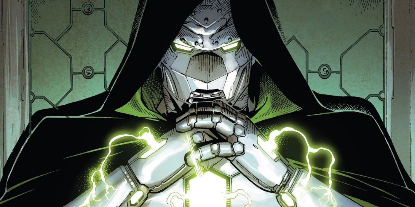 Doctor Doom sitting on his throne and wearing his powered suit in Marvel Comics.