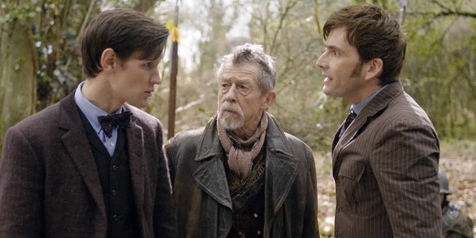 Matt Smith, John Hurt, and David Tennant as the Doctors in the Doctor Who episode The Day of the Doctor.
