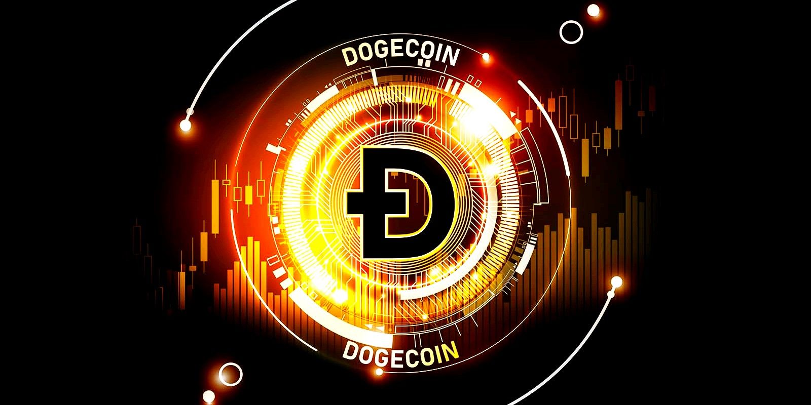 Dogecoin symbol surrounded by glowing digital art