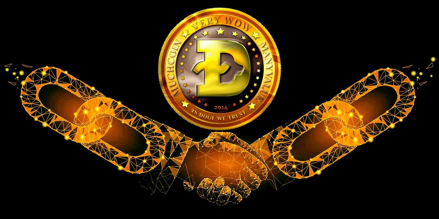 Dogecoin coin over chain link arms shaking hands