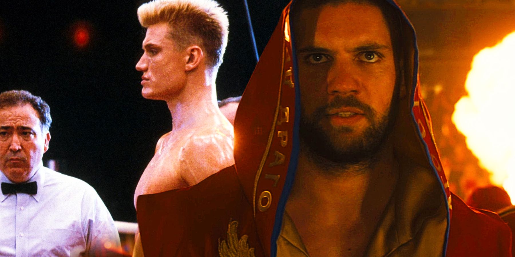 Dolph Lundgren as Ivan Drago in Rocky IV and Florian Munteanu as Viktor Drago in Creed II