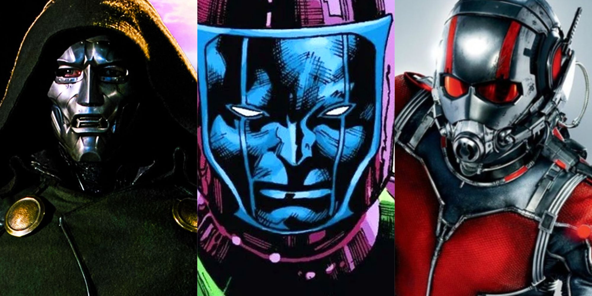 A split image of Doctor Doom, Kang, and Ant-Man.