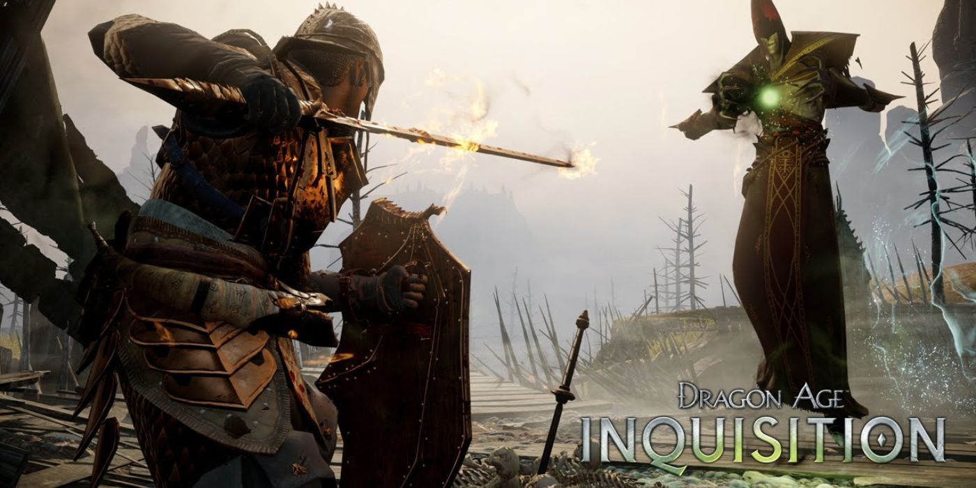 The Inquisitior battling an Arcane Horror in Dragon Age Inquisition.