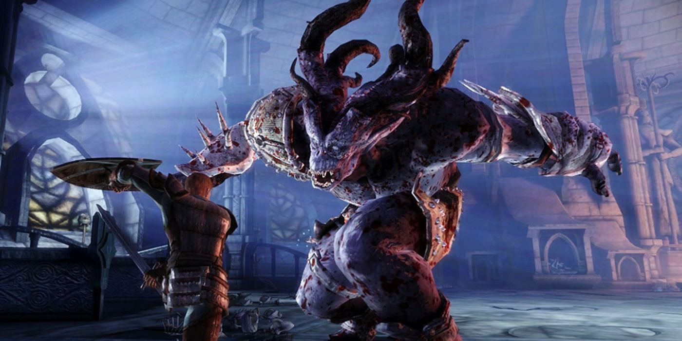 Captura de tela de Dragon Age Origins de combate com um ogro.