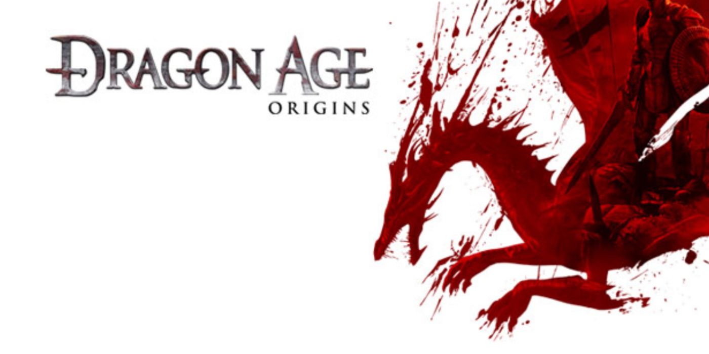 Arte promocional de Dragon Age: Origins com a silhueta sangrenta de um dragão.