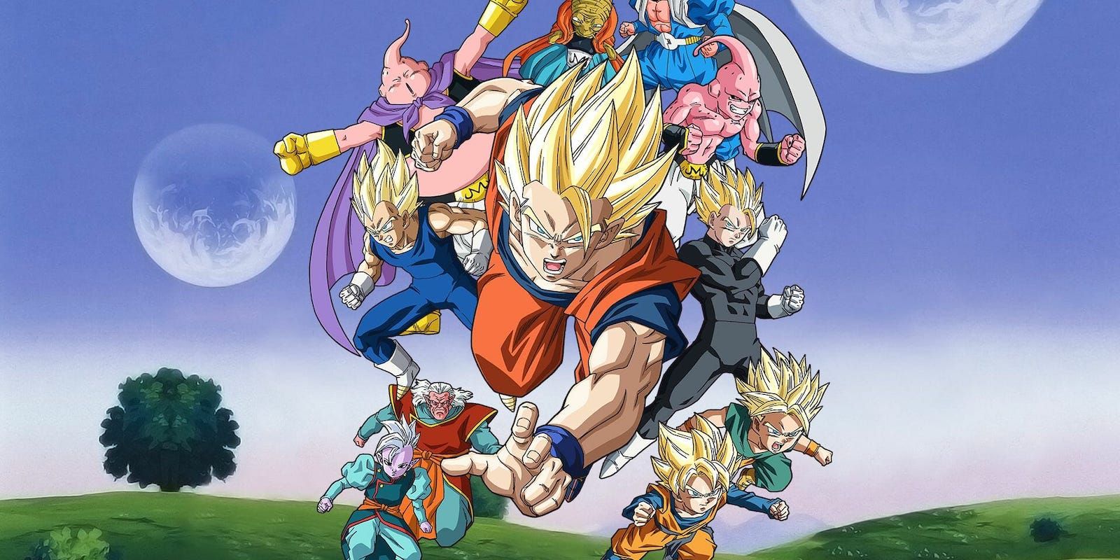 Dragon Ball Z Kai key visual of Goku in Super Saiyan mode surrounded by a variety of supporting cast members.