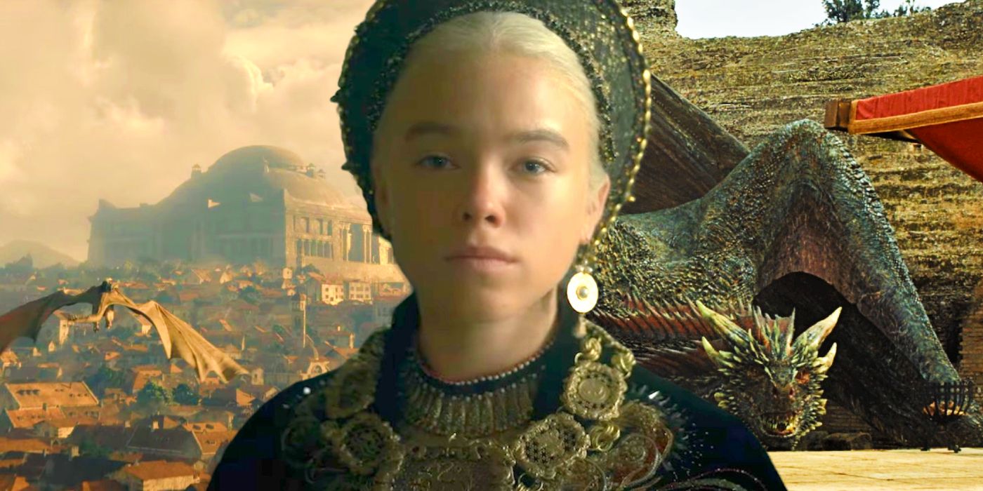Blended image of King's Landing and Rhaenyra Targaryen in House of the Dragon, and Drogon in Game of Thrones.