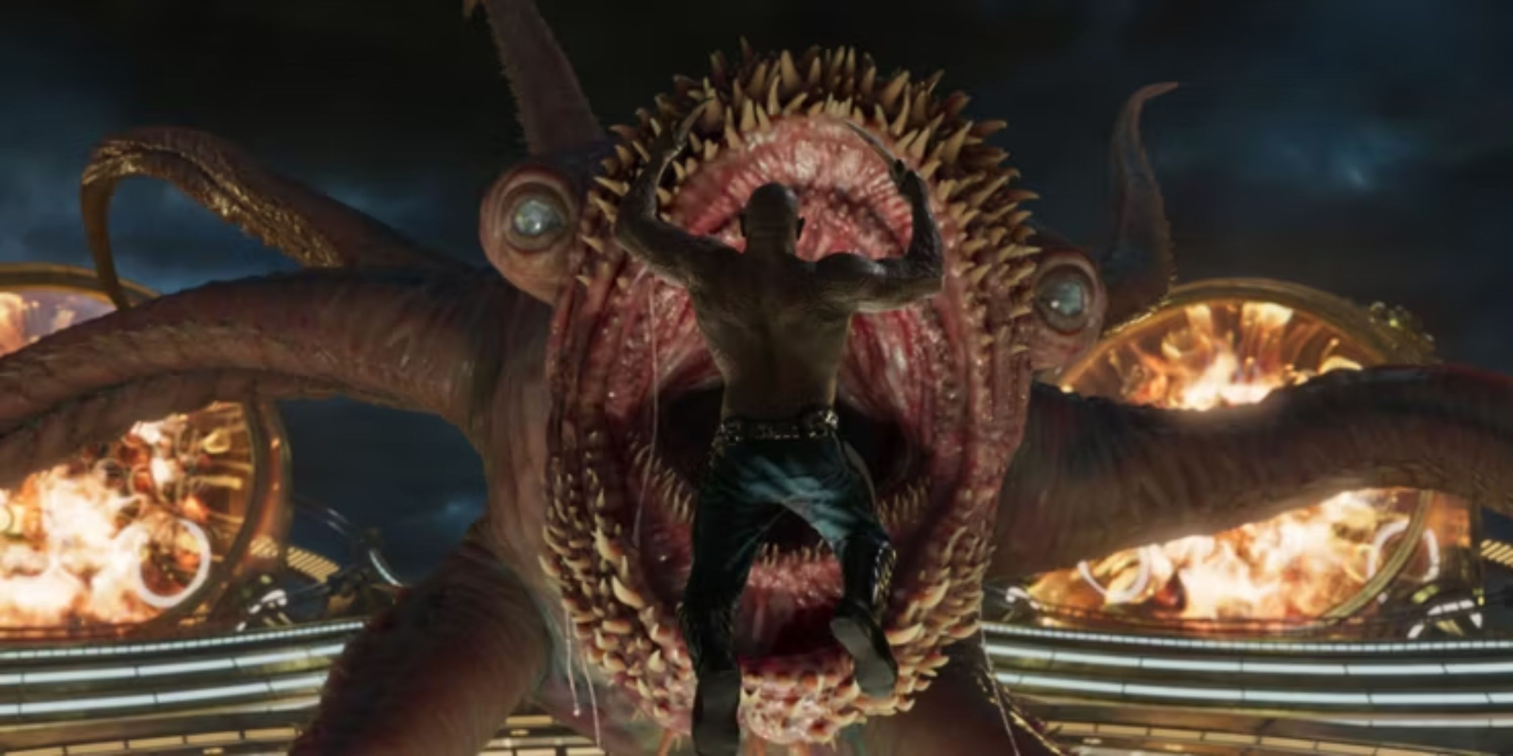 Drax leaping into the mouth of the interdimensional monster
