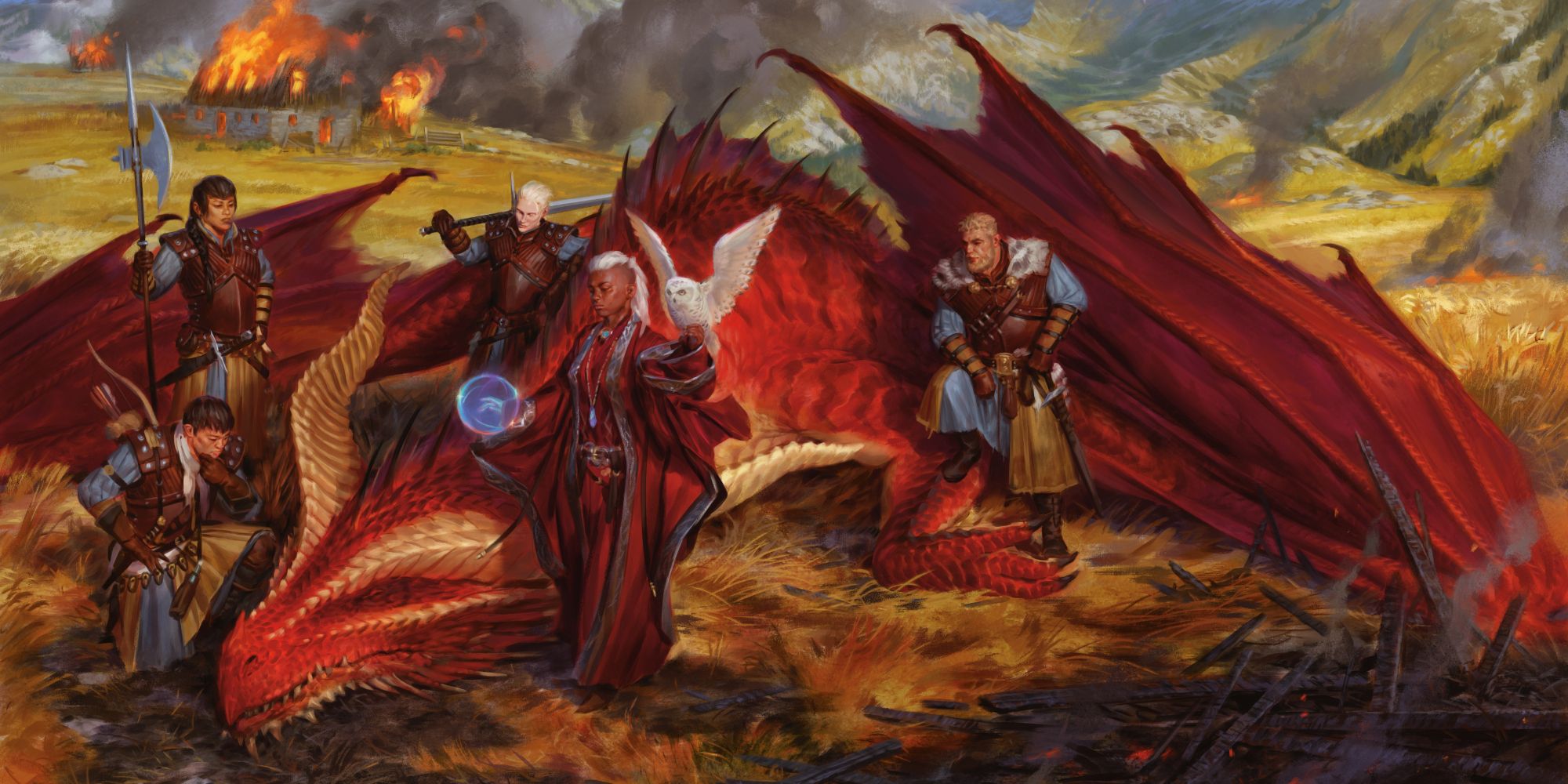 A party of D&D adventurers surrounding a red dragon.