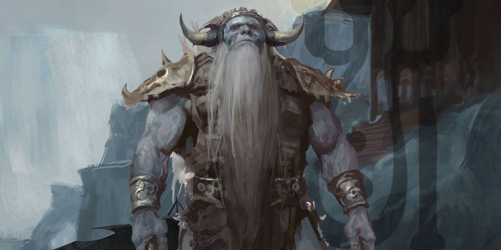 Dungeons & Dragons artwork showing a frost giant with a long, white beard standing in a frozen environment.