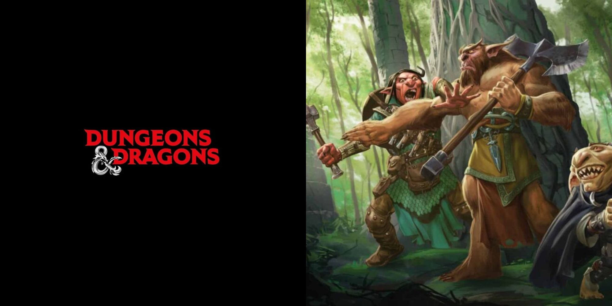 Split image showing a Dungeons & Dragons logo and artwork of a Bugbear.