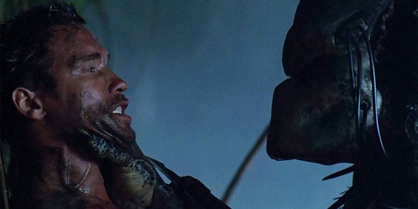 Arnold Schwarzenegger and Kevin Peter Hall as Dutch and The Predator in Predator.