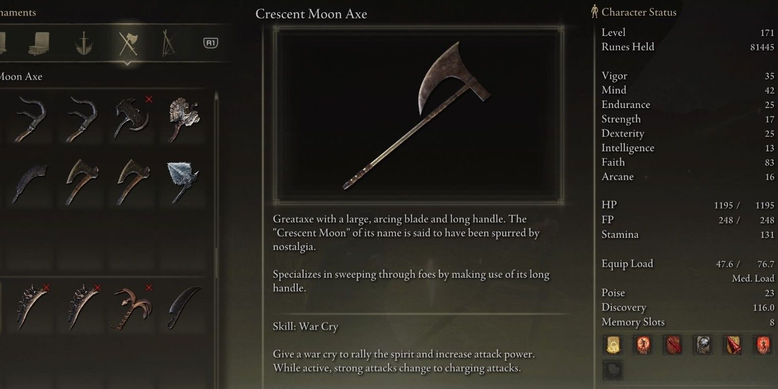 Elden Ring's Crescent Moon Axe is rather plain, but it has a versatile move set.