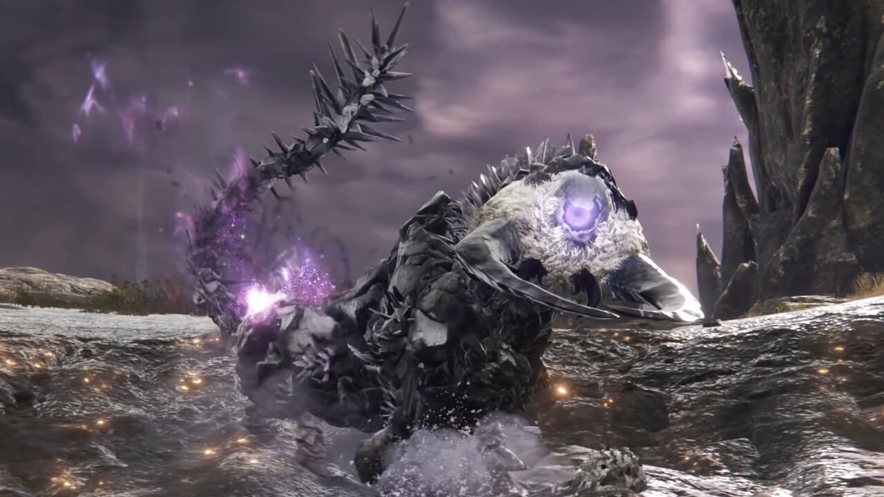 Elden Ring fallingstar beast with purple in its tail as it crashes to the ground