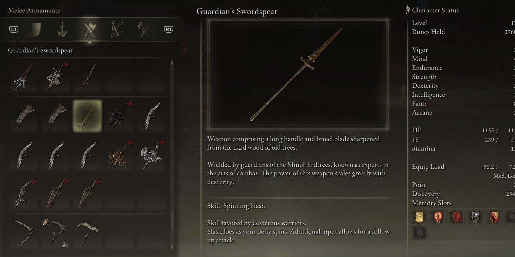 A Guardian's Swordspear with Keen Affinity has an A scaling in Dexterity.