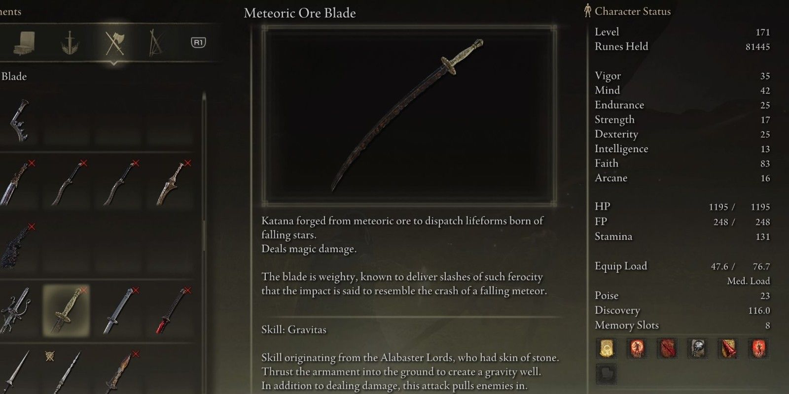 Elden Ring's Meteoric Blade is often overlooked for the game's other katanas.