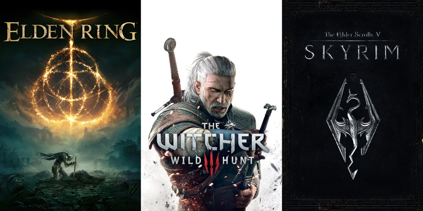 Split image of Elden Ring, The Witcher 3, and Skyrim promo art.