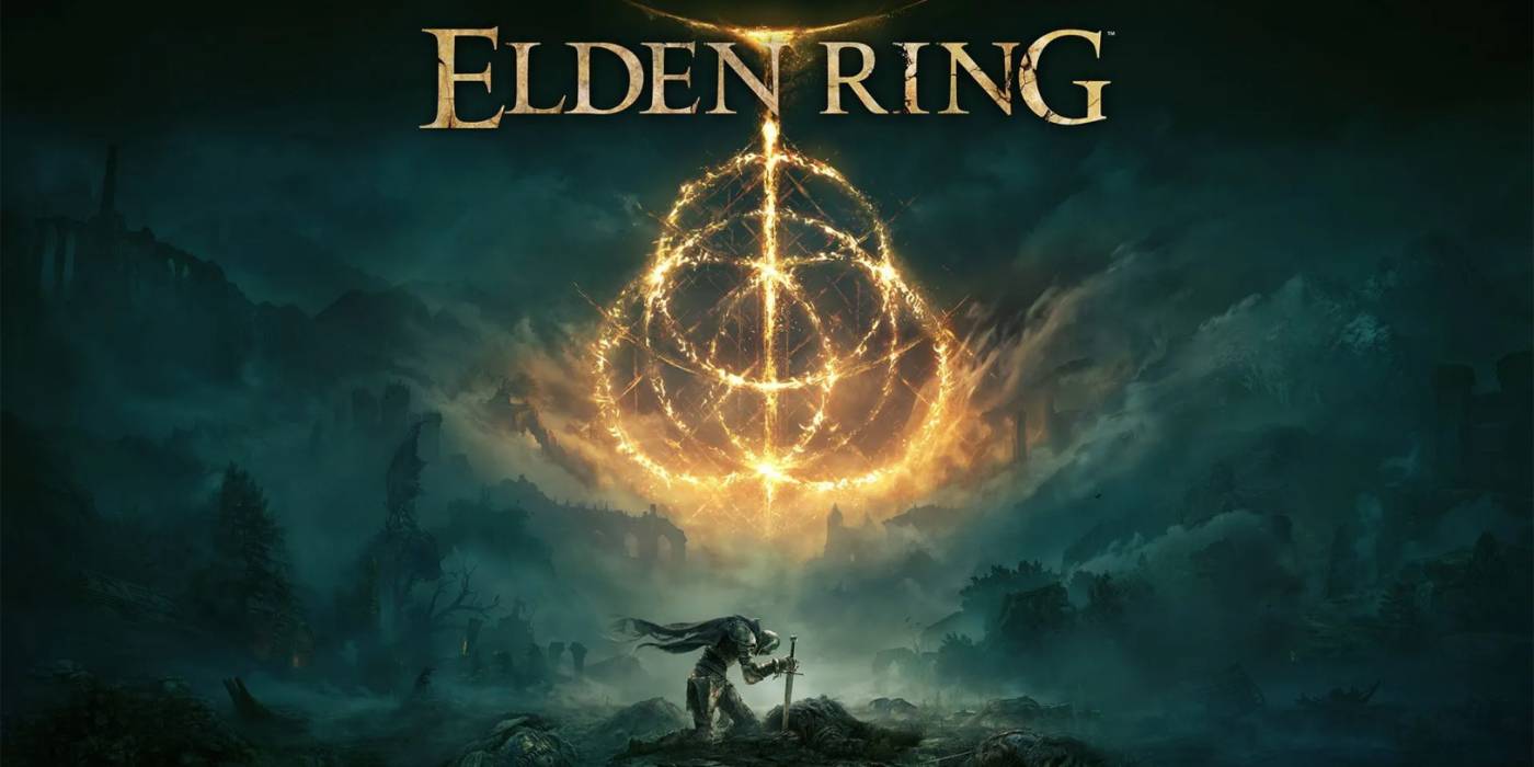 O Manchado ajoelhado com sua espada sob o título Elden Ring na arte chave.