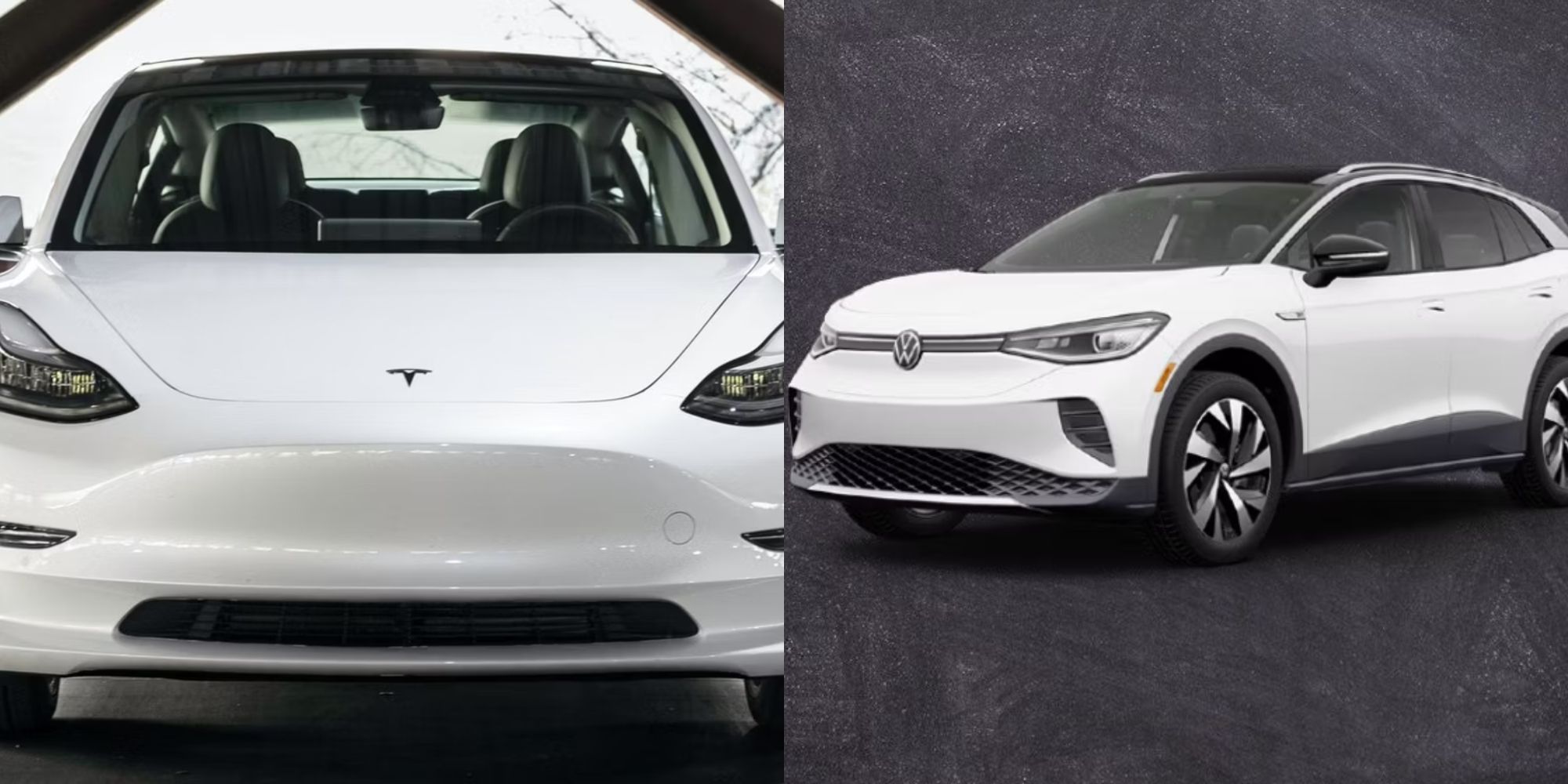 A split image of a Tesla and Volkswagon EV.