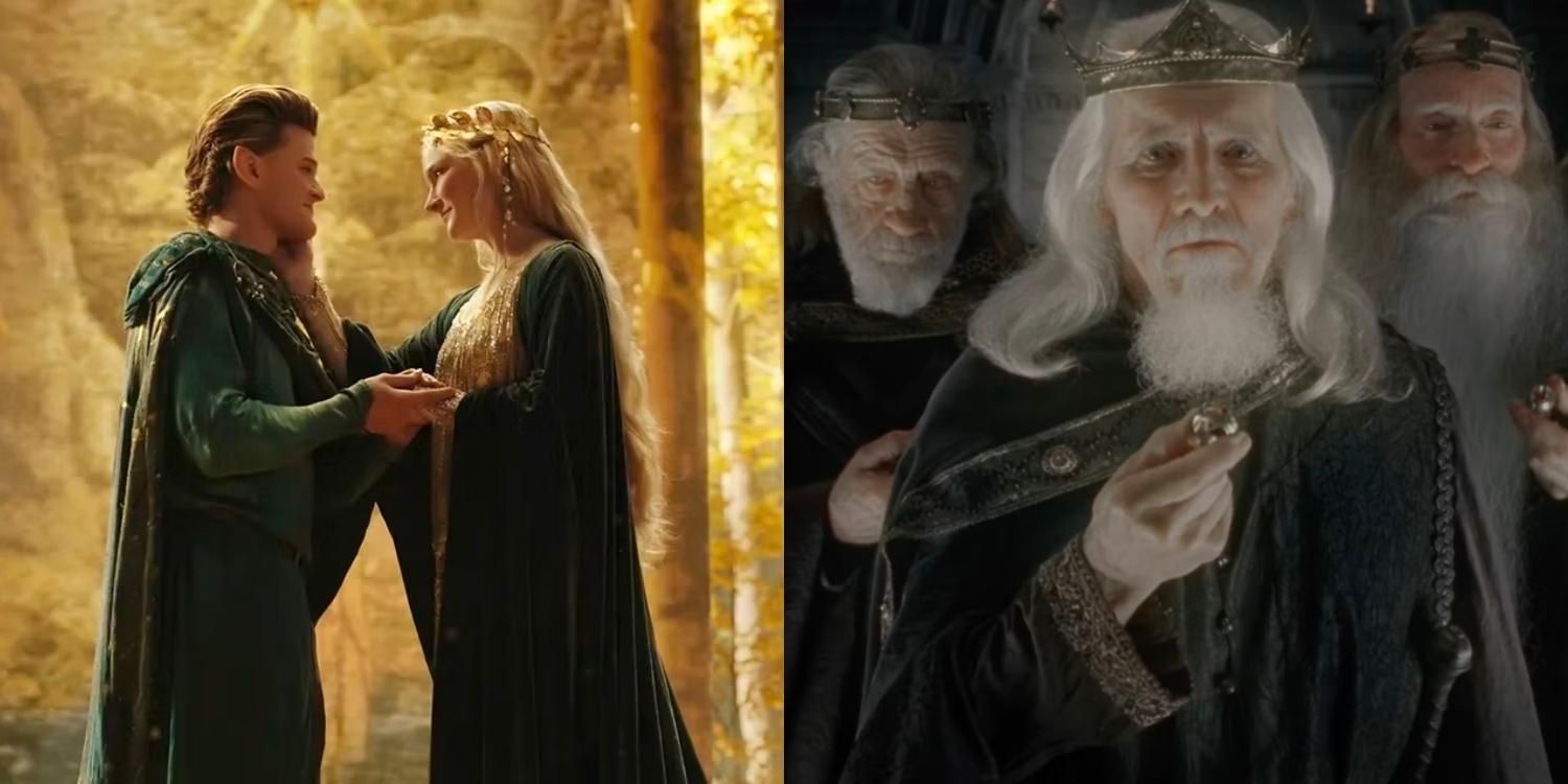 Elrond and Galadriel touching one another and the kings of men with their rings of power