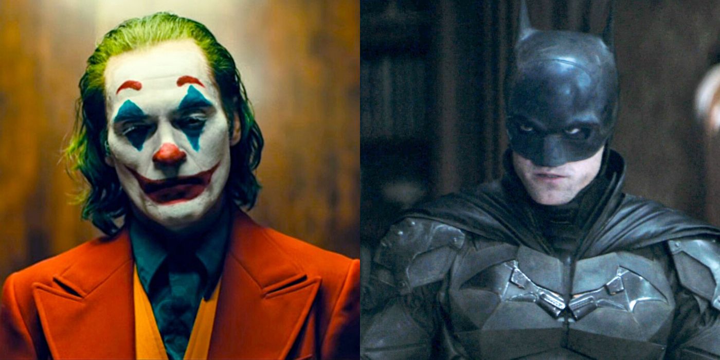 Split image of Joaquin Phoenix's Joker and Robert Pattonson's Batman.