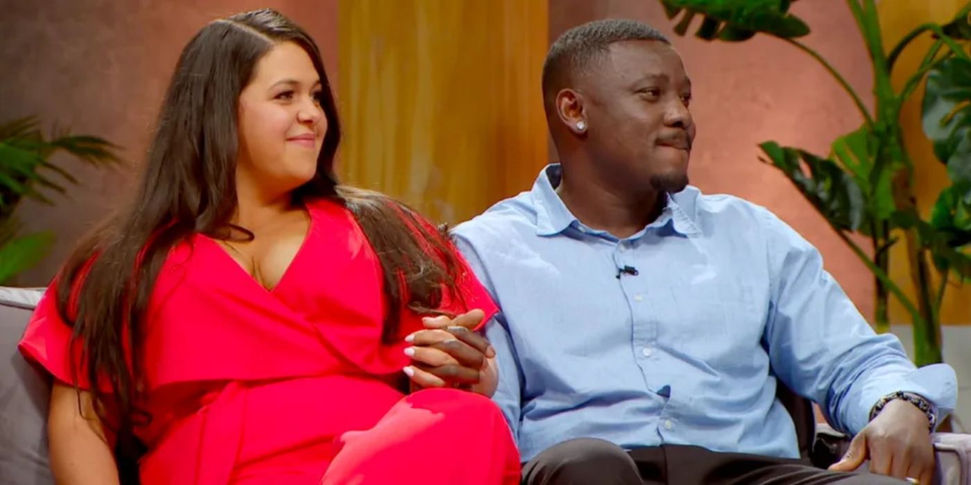 Emily Bieberly and Kobe Blaise on the 90 Day Fiance Tell All emily in red dress kobe in blue shirt