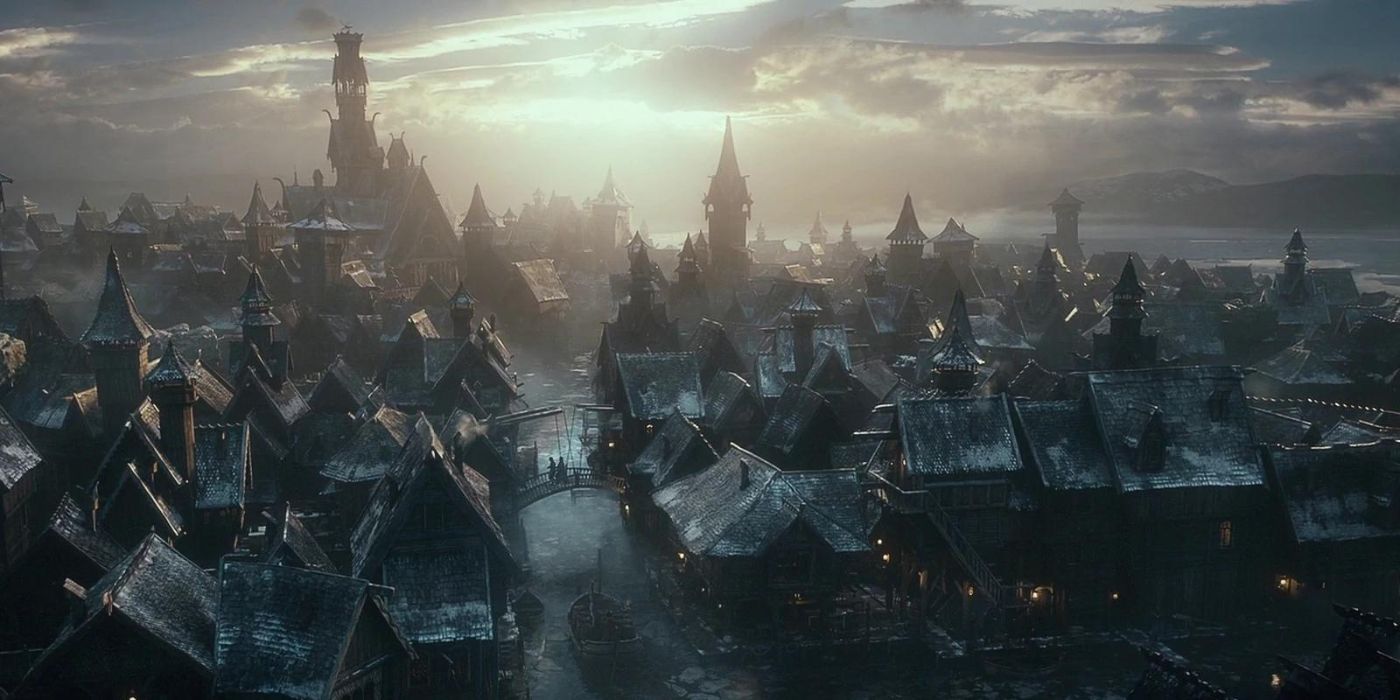 A wide shot of the town of Esgaroth in Lord of the Rings.