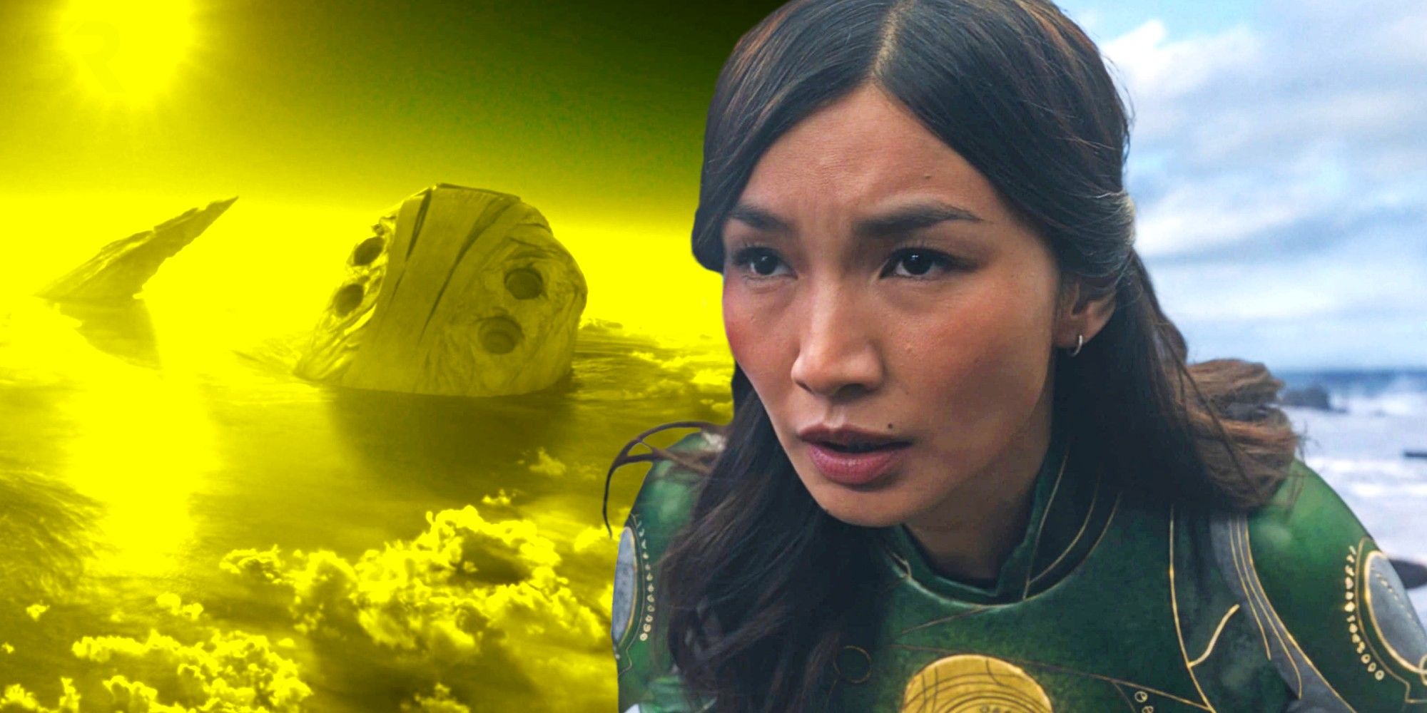 Gemma Chan and a Celestial in Eternals