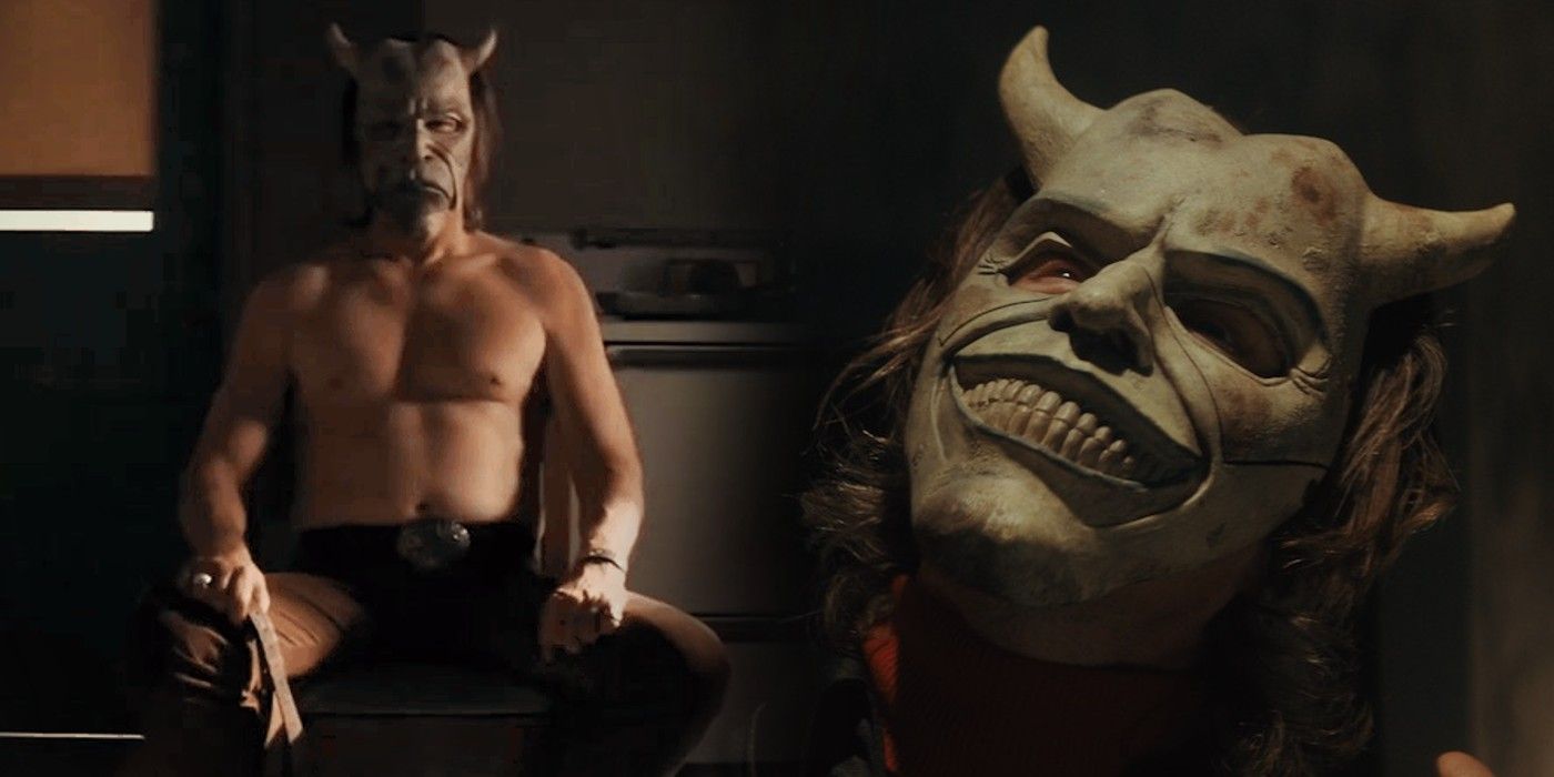 Split image of The Grabber shirtless and The Grabber smiling mask in The Black Phone
