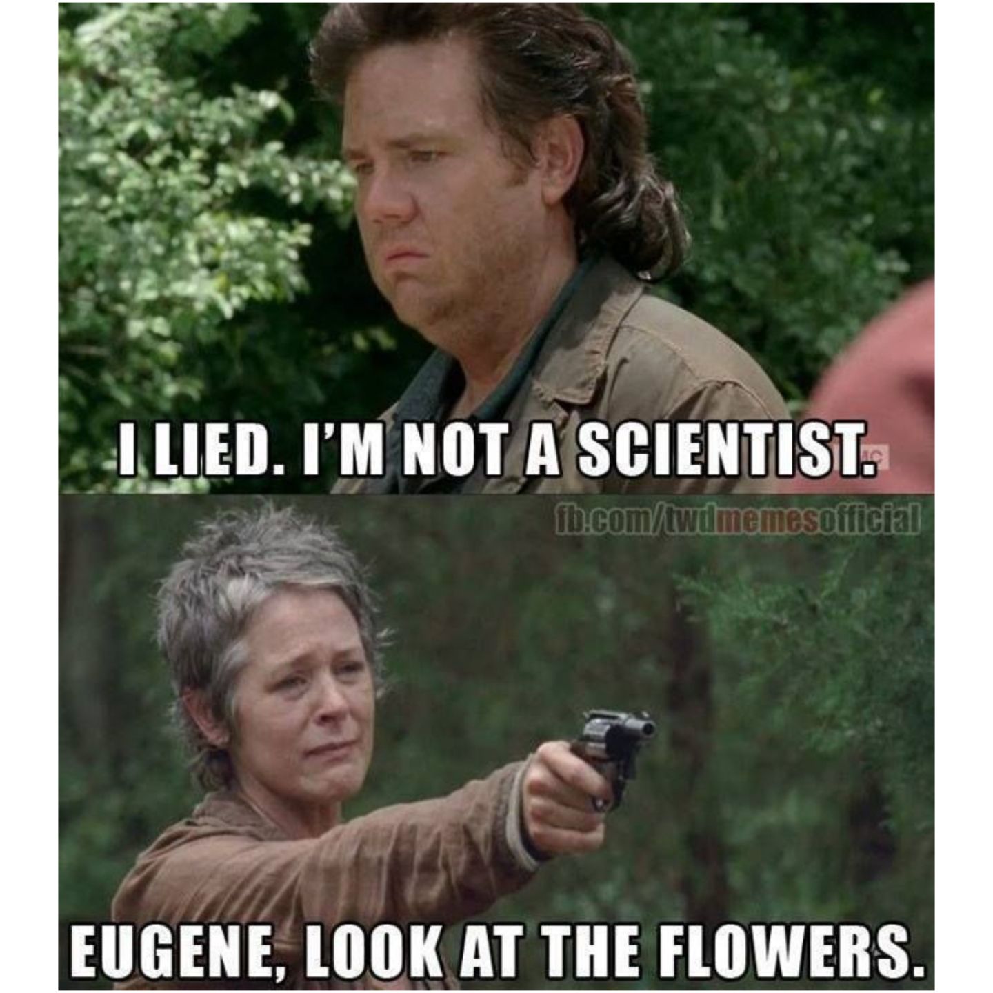 Funny meme about Eugene not being a scientist and Carol telling him to look at the flowers. 