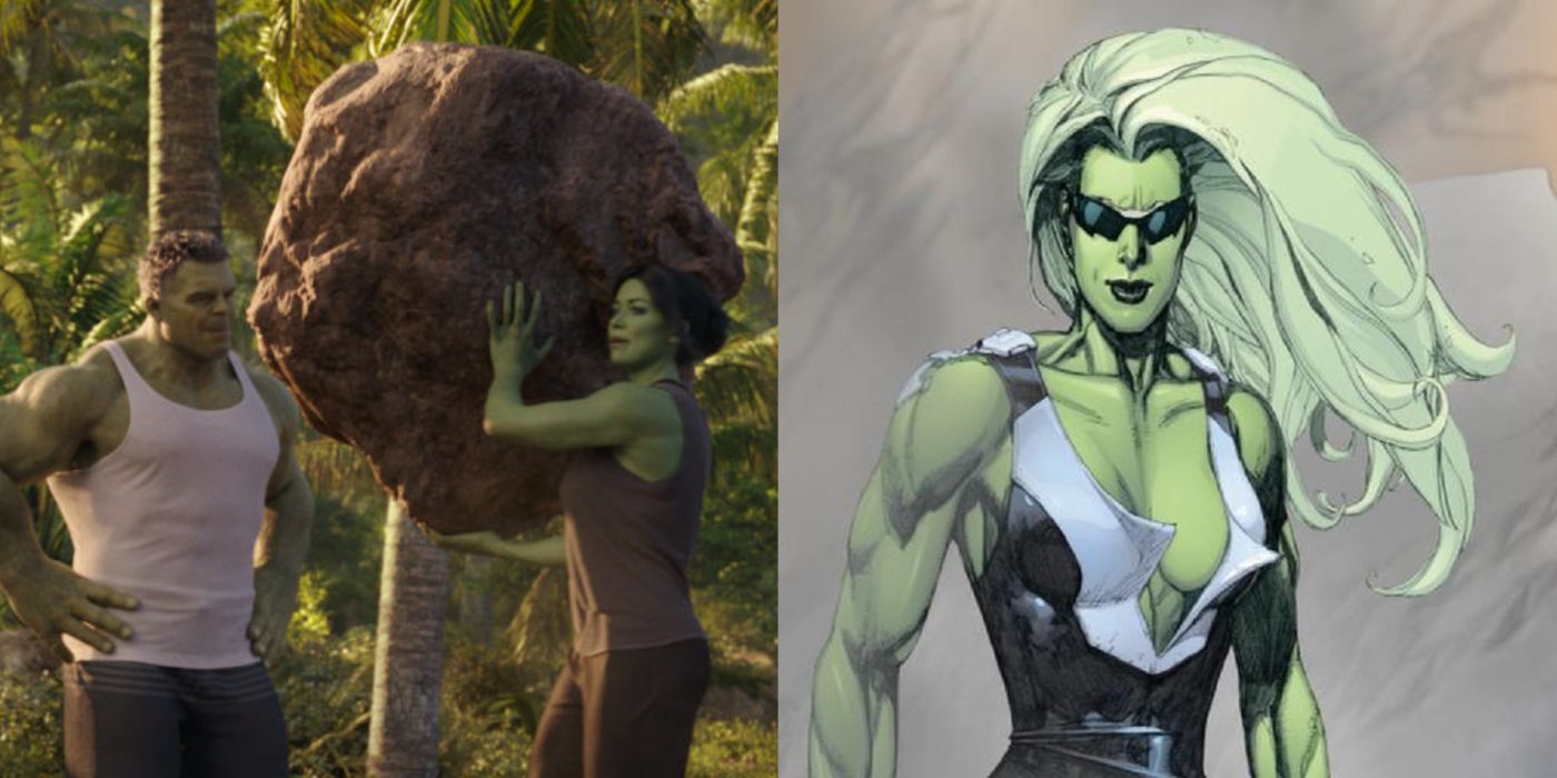 Split image showing She-Hulk training with her cousin Bruce in She-Hulk: Attorney At Law and She-Hulk preparing to attack Wolverine