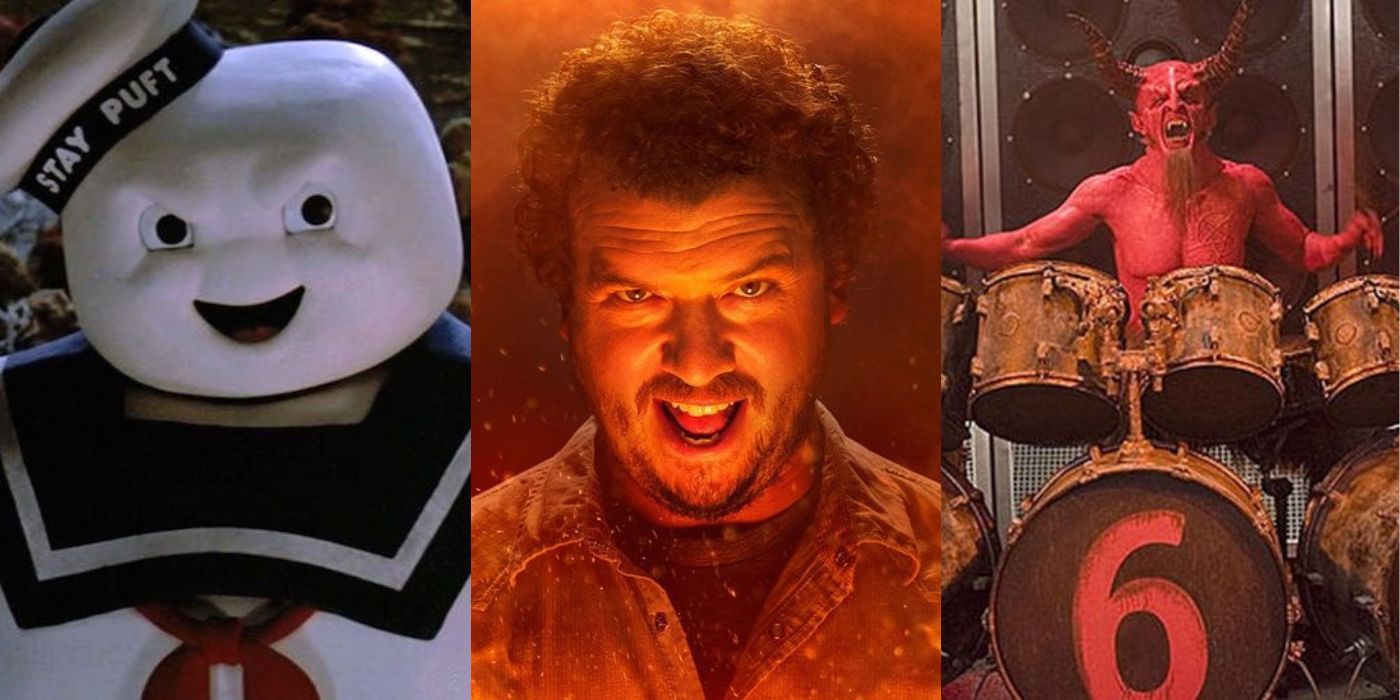 Three vertical images: stay puft, Danny Mcbride, satan on drums