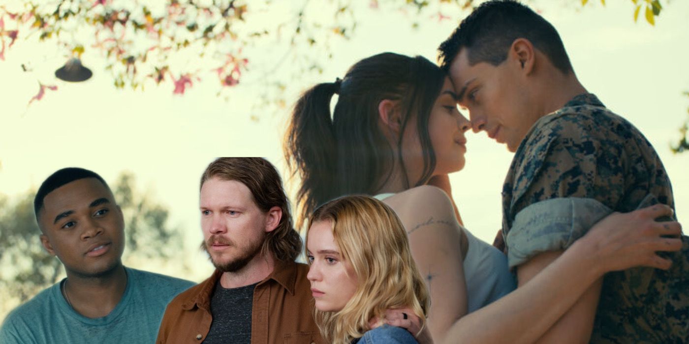 Cassie and Luke embrace with overlays of the other cast in front of them