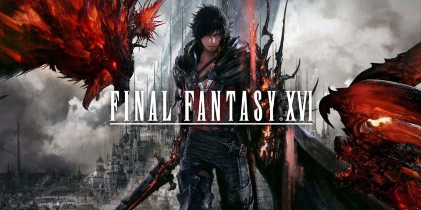 Clive wielding his sword with Eikons fighting in the background in FF XVI key art.