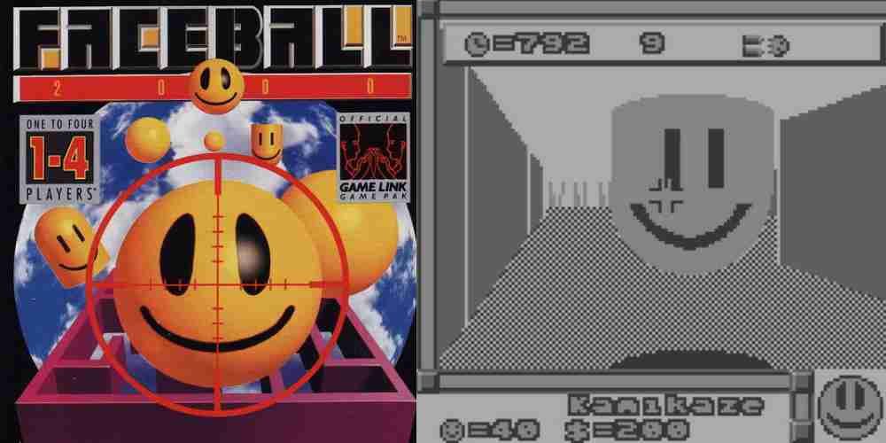 Arte do jogo Faceball 2000 no Game Boy à esquerda, com gameplay FPS à direita.