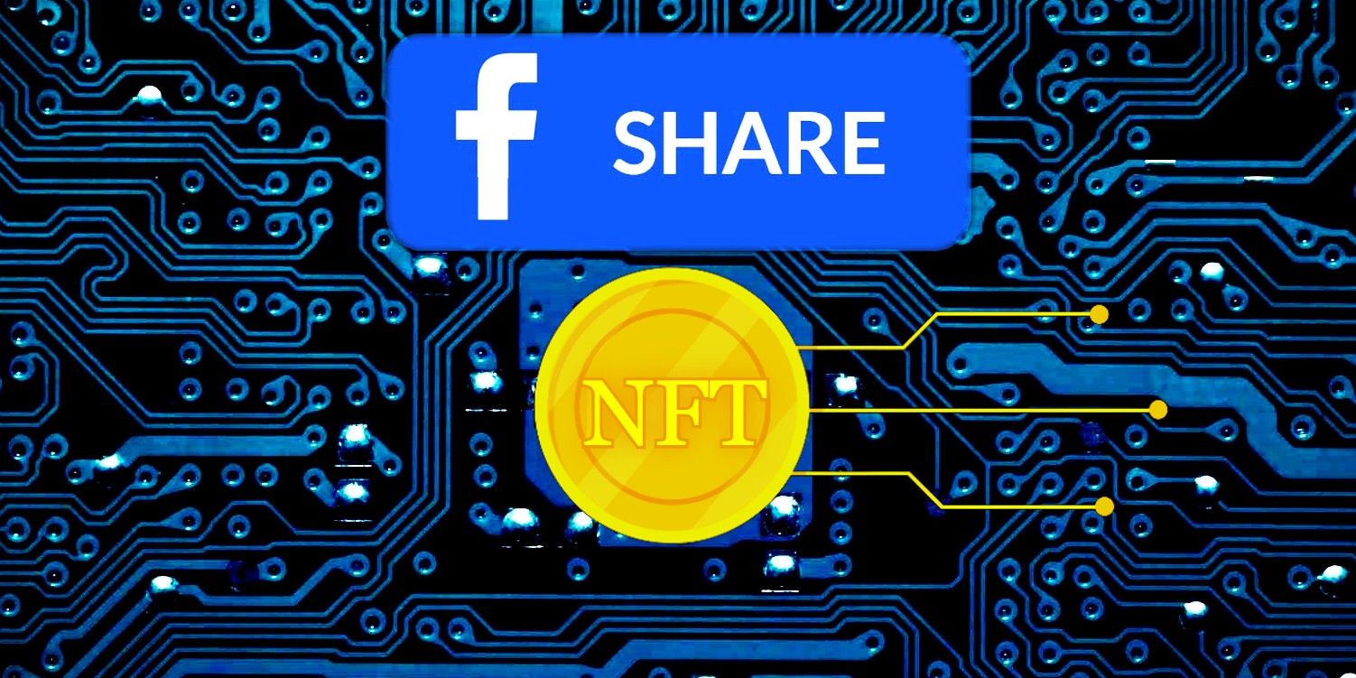 Facebook share button over golden NFT coin on blue circuitboard background