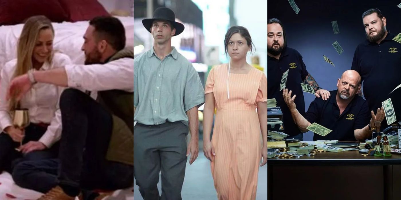 Split images from Love is Blind, Breaking Amish, and Pawn Stars. 