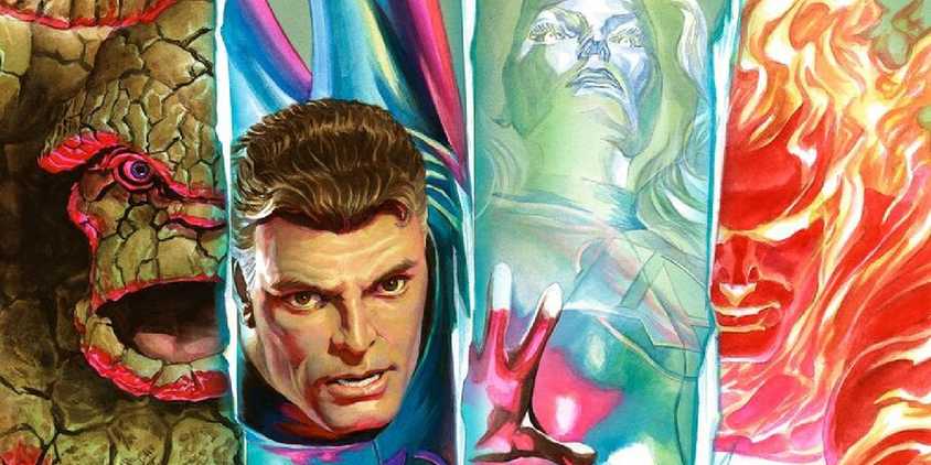 Comic book art: the Fantastic Four in four split panels by Alex Ross.