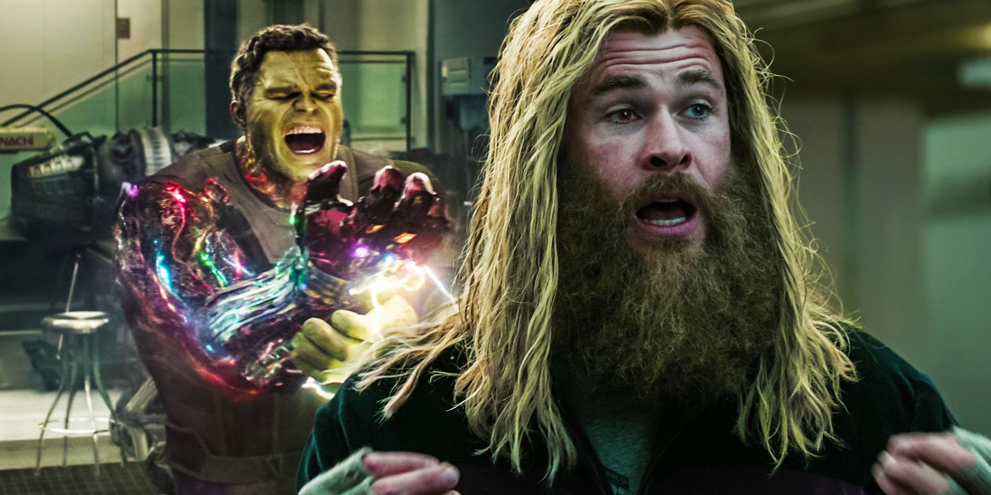 Split Image: O Hulk luta para erguer a Manopla do Infinito;  Thor tenta convencer os Vingadores a deixá-lo usar a Manopla