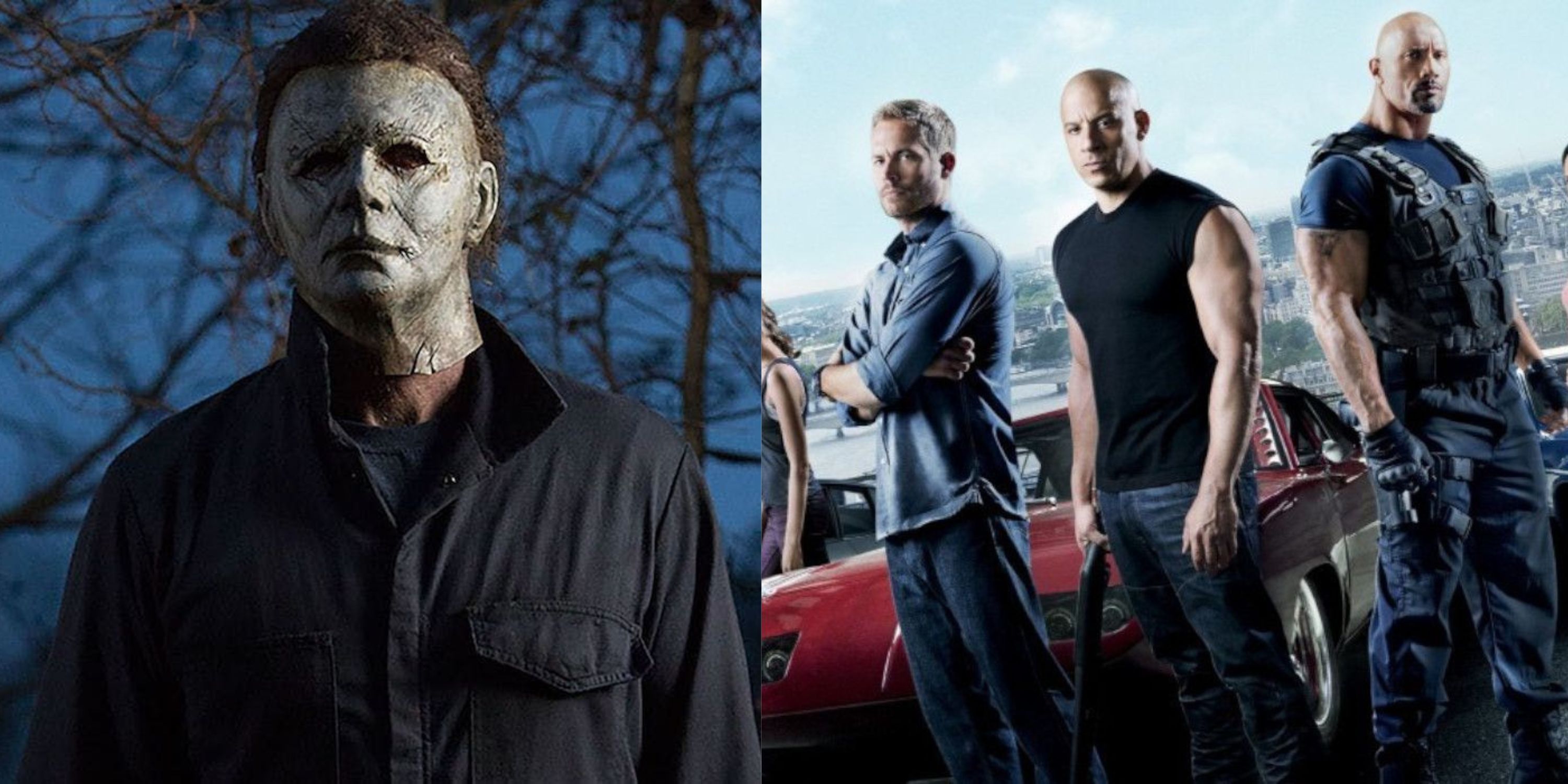 Featured image Michael Myers in Halloween 2018 and Vin Diesel Paul Walker and Dwayne Johnson on the poster for Fast and Furious 6