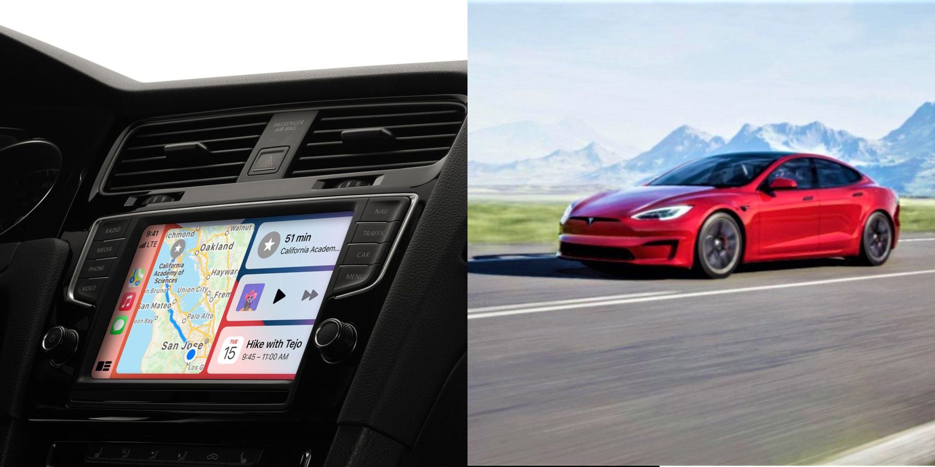 Featured image a car display using Apple CarPlay and a Tesla on the road