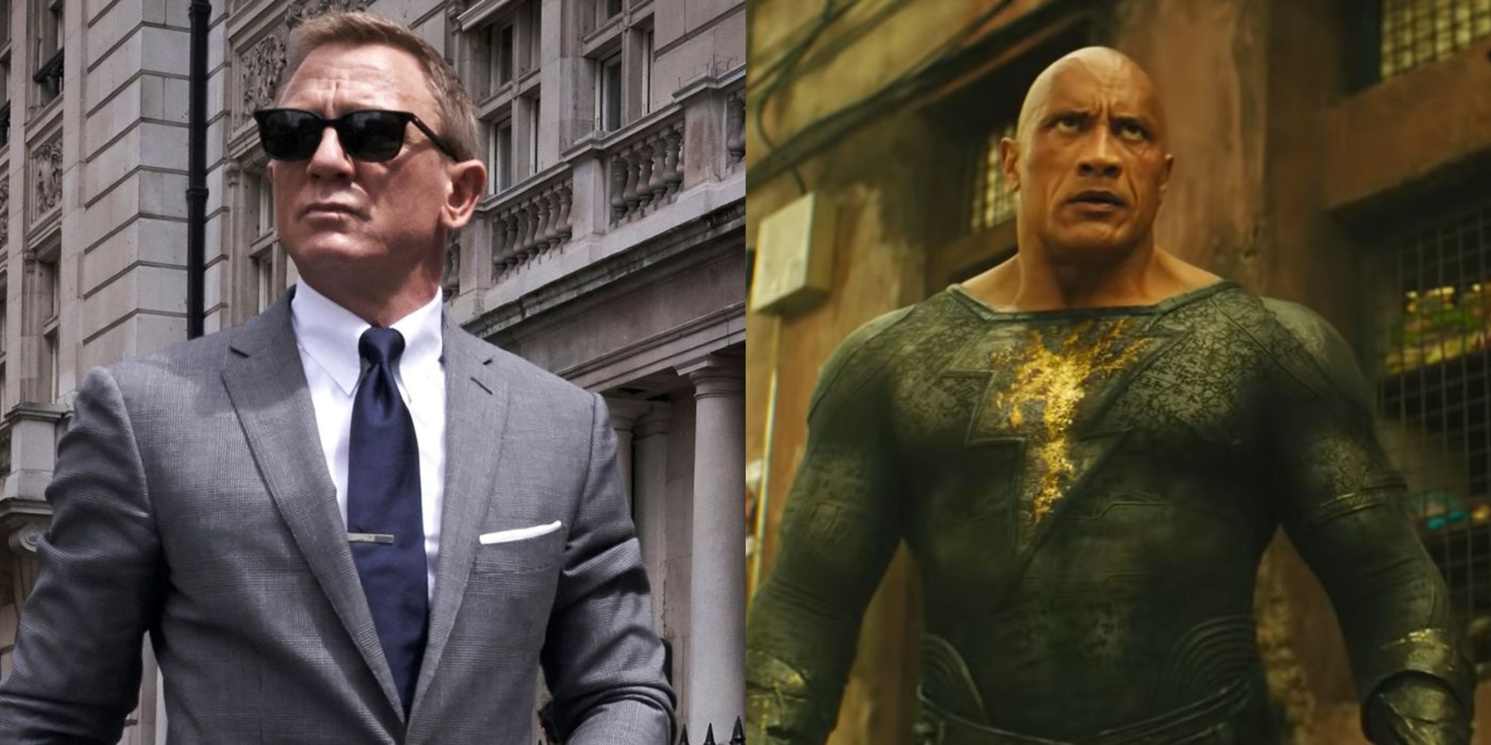 Featured image split Daniel Craig as 007 in No Time To Die and Dwayne Johnson as Black Adam