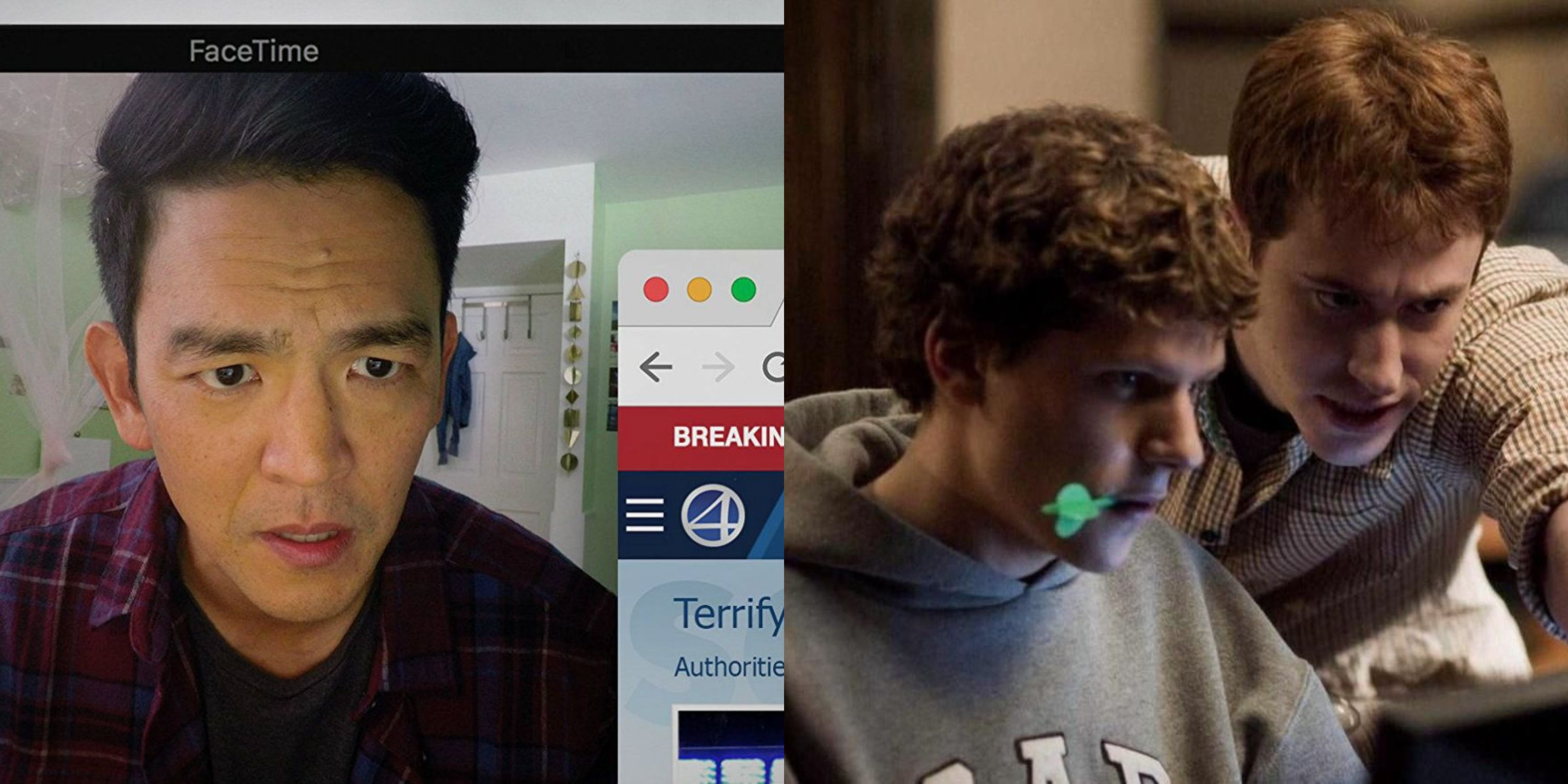 Featured image split John Cho in Searching 2018 and Jesse Eisenberg in The Social Network
