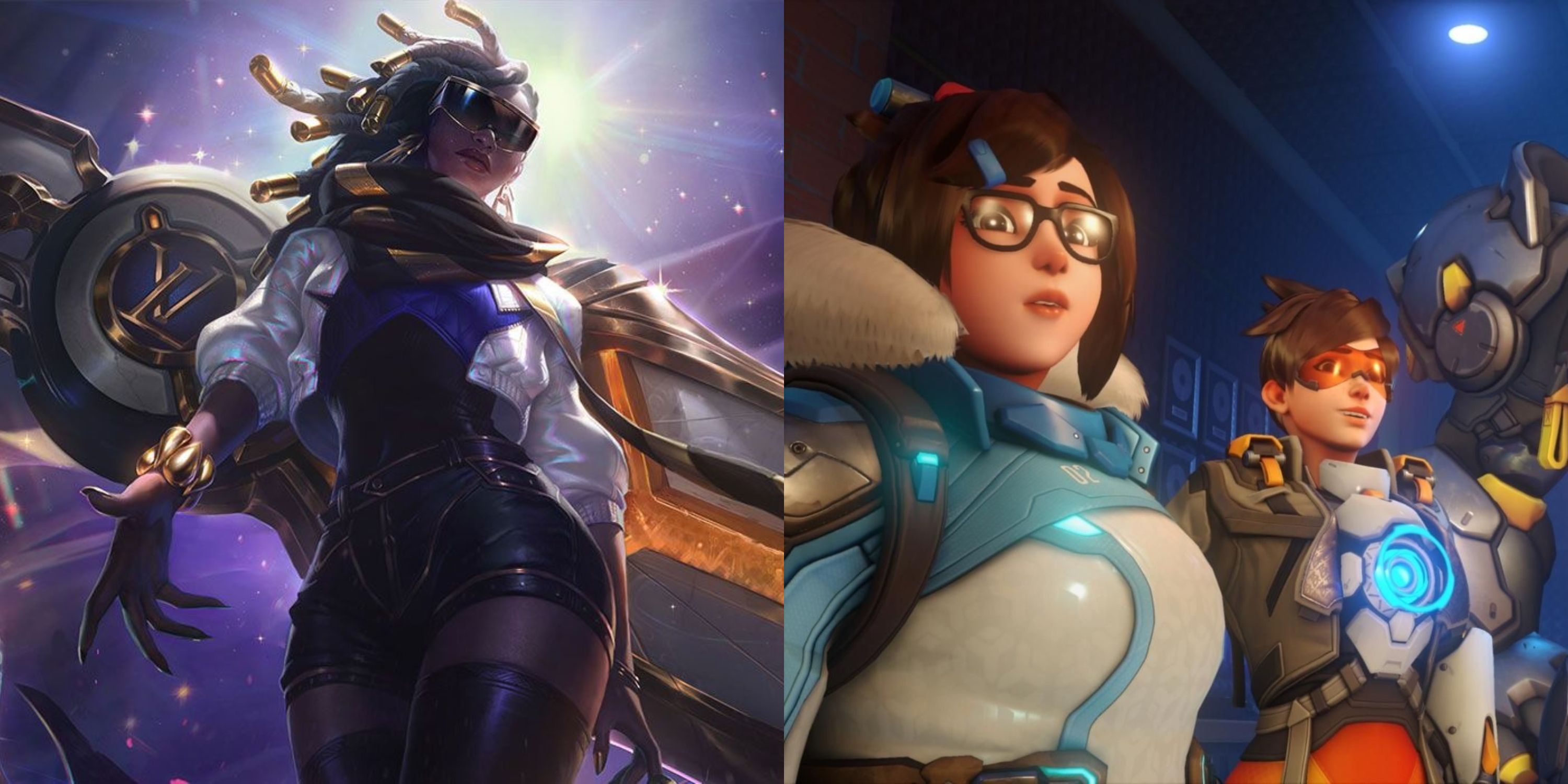 Featured image split Senna skin in League of Legends and two characters in Overwatch