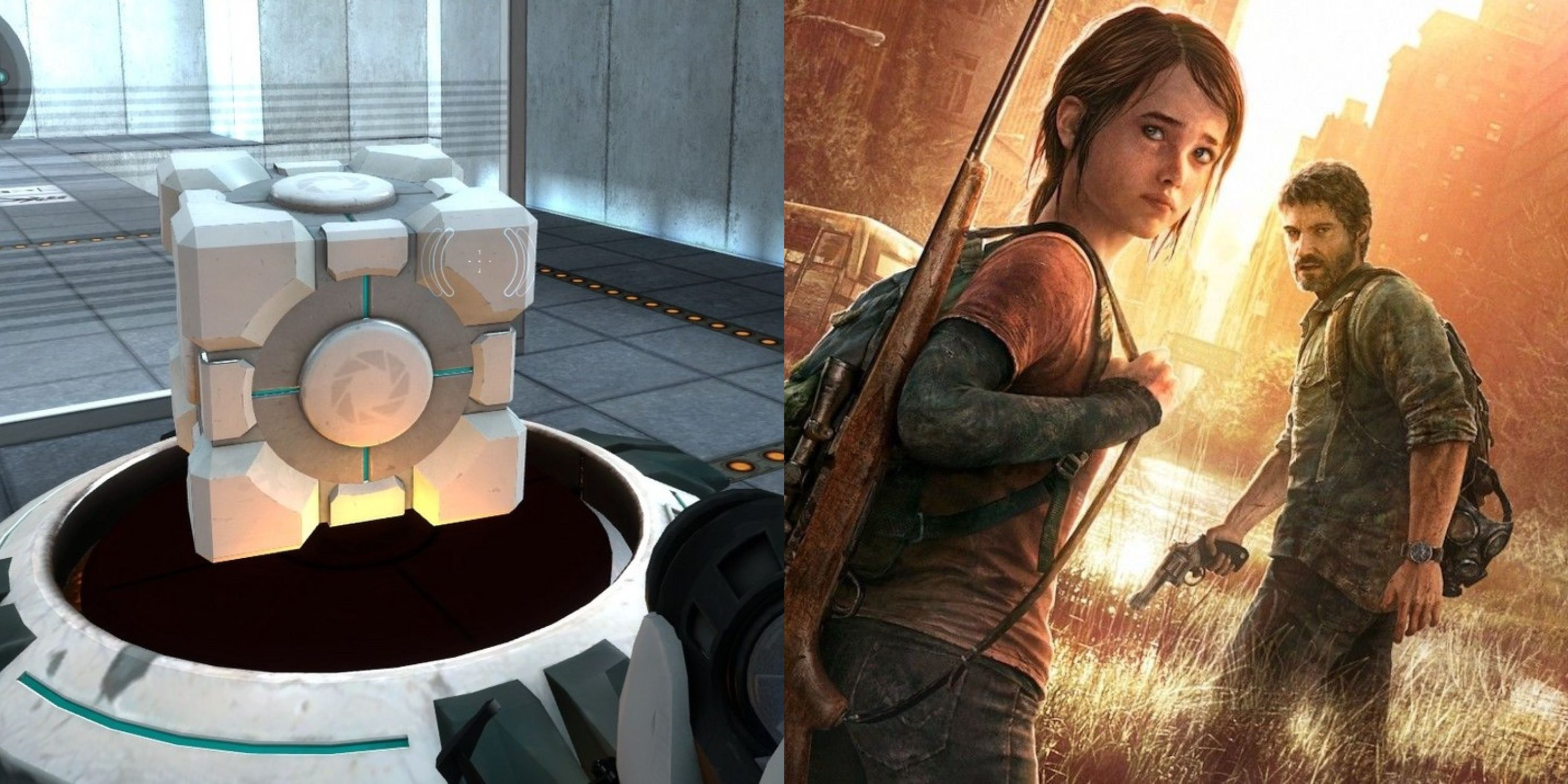 Featured image split carrying a cube in Portal 1 and Joel and Ellie in The Last of Us 1