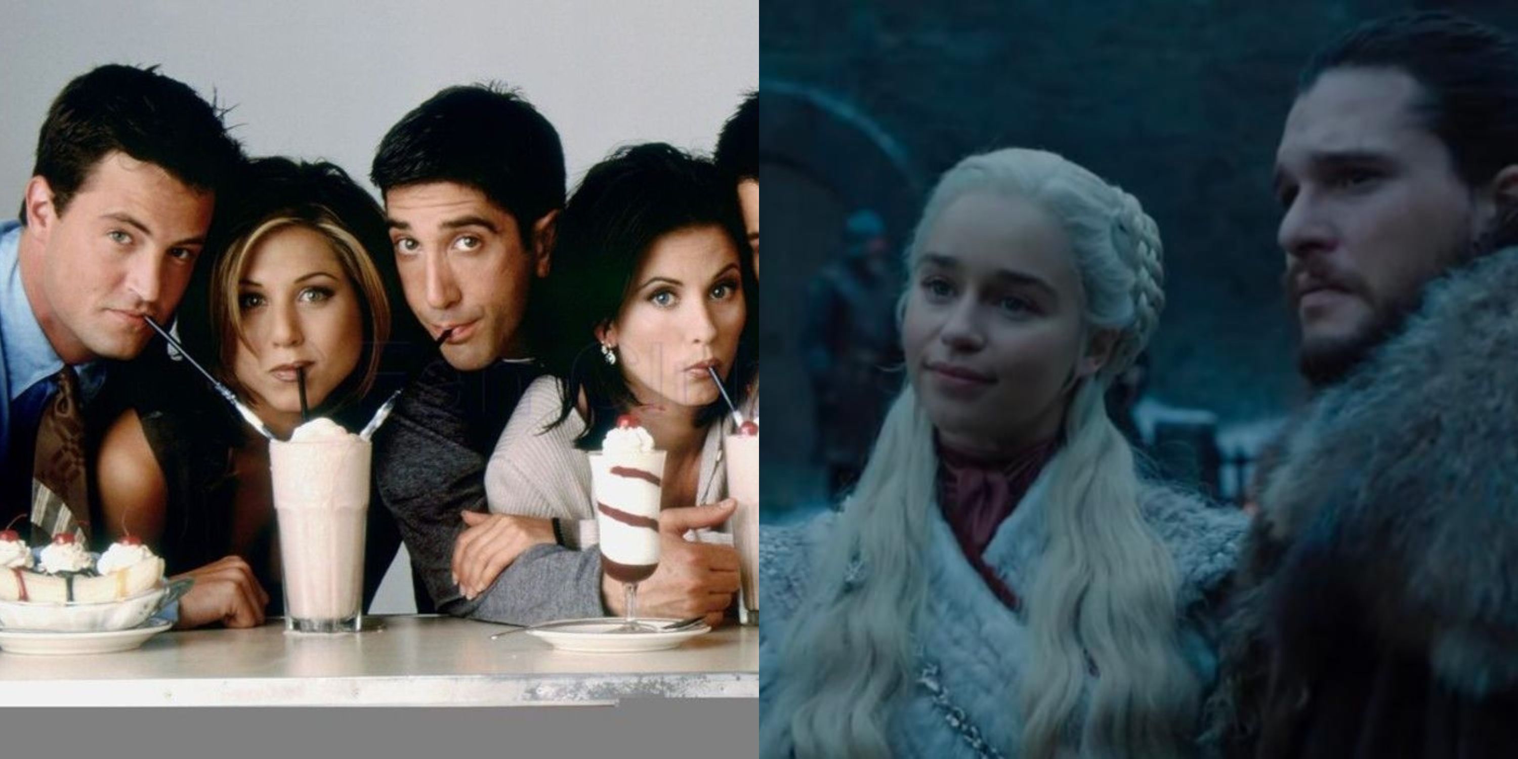 Featured image split the cast of friends drinking milkshake and Kit Harington and Emilia Clarke in Game of Thrones